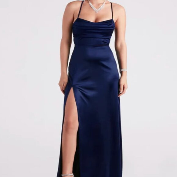 High Slit Satin Formal Dress - Picture 1 of 2